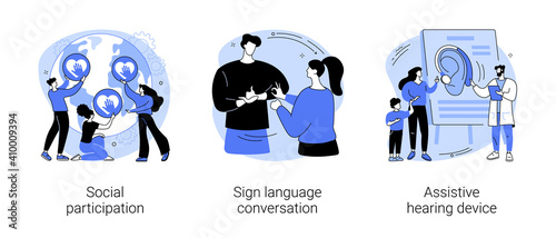 Social engagement abstract concept vector illustration set. Social participation, sign language conversation, assistive hearing device, hand alphabet, deaf people, gesture language abstract metaphor.