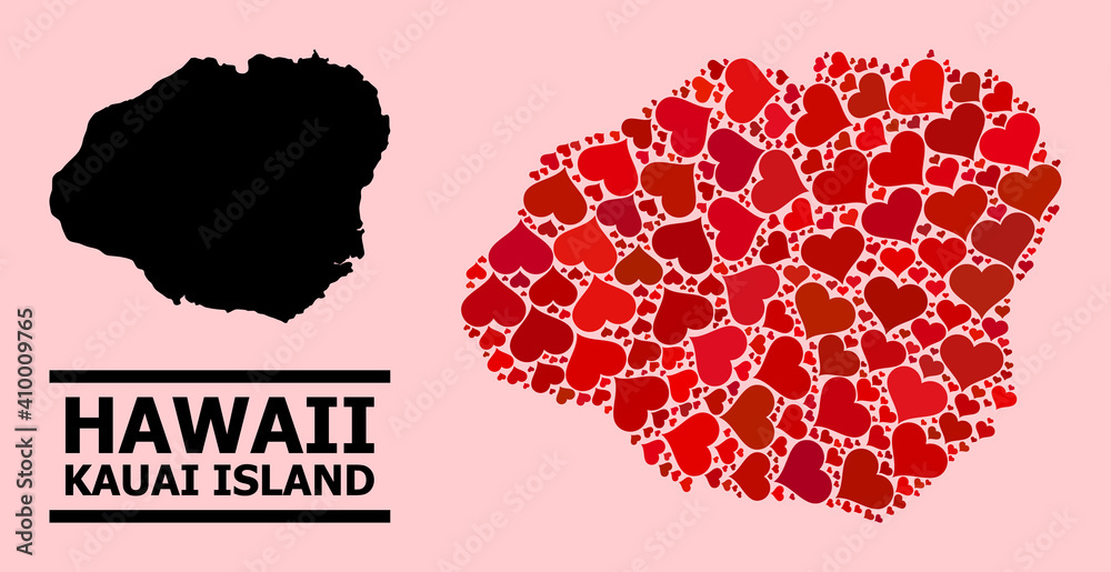 Love pattern and solid map of Kauai Island on a pink background. Mosaic map of Kauai Island created with red lovely hearts. Vector flat illustration for marriage conceptual illustrations.