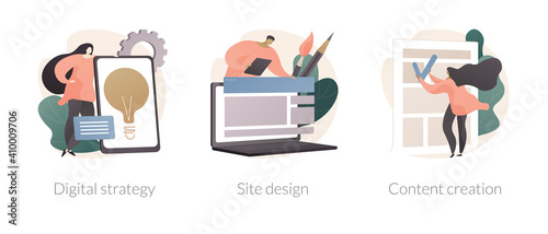 Online brand marketing abstract concept vector illustration set. Digital strategy, site design, content creation, web studio, corporate homepage, internet media analysis, copywrite abstract metaphor.