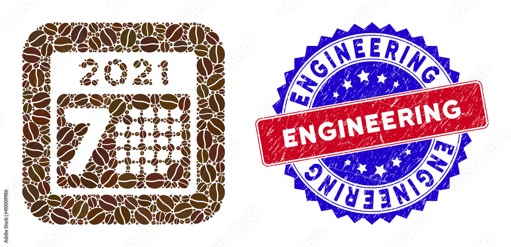 Vector mosaic 2021 year 7th day and grunge bicolor Engineering stamp. Mosaic 2021 year 7th day constructed as carved shape from rounded square with coffee seeds.