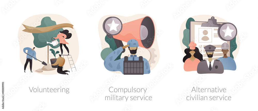 Community service abstract concept vector illustration set. Volunteering and compulsory military and alternative civilian service, mandatory work, non-profit social organization abstract metaphor.