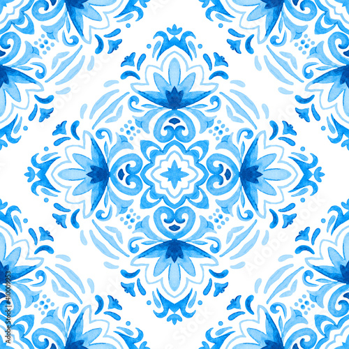 Abstract hand drawn watercolor tile seamless ornamental pattern. Elegant mandala flower for fabric and wallpapers
