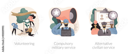 Community service abstract concept vector illustration set. Volunteering and compulsory military and alternative civilian service, mandatory work, non-profit social organization abstract metaphor.