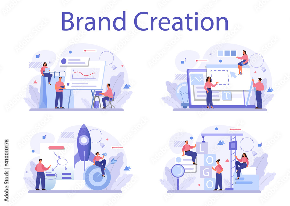 Brand creation concept set. Marketing specialist design unique company