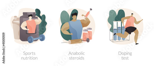Sports supplements abstract concept vector illustration set. Sports nutrition, anabolic steroids, doping test, muscle mass, athletic performance, laboratory analysis, blood sample abstract metaphor.