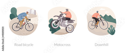 Adventure sport abstract concept vector illustration set. Road bicycle, motocross and downhill, extreme bike, motorbike race, mountain freeride, holiday adventure, cycling travel abstract metaphor.