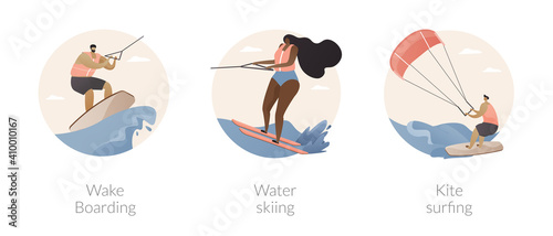 Water sport abstract concept vector illustration set. Wake boarding, water skiing and kitesurfing, active lifestyle, ski jump, summer adventure, extreme sport, boat cable, parachute abstract metaphor.