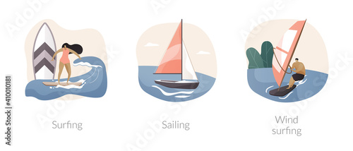 Summer adventure sport abstract concept vector illustration set. Surfing, sailing and windsurfing, yacht club, beach holiday, extreme lifestyle, water sport, summer vacation abstract metaphor.