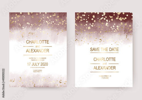 Elegant watercolor wedding invitation cards with gold confetti.