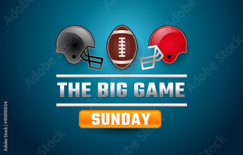 Football sunday USA banner super big game - gray and red football helmets, football ball, blue background