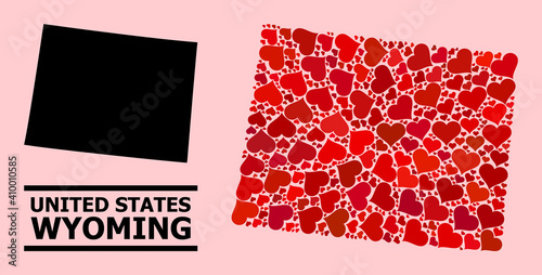 Love collage and solid map of Wyoming State on a pink background. Collage map of Wyoming State is created with red lovely hearts. Vector flat illustration for love conceptual illustrations.