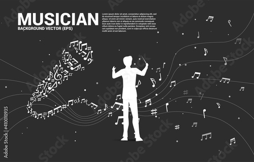 Vector silhouette of conductor with Sound wave microphone icon from music note melody dancing. karaoke and concert graphic visual style concept