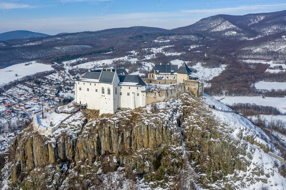 Hungary panorama view of Fuzer (Füzér) castle and Zemplen (Zemplén) mountains. The castle built in 1264.