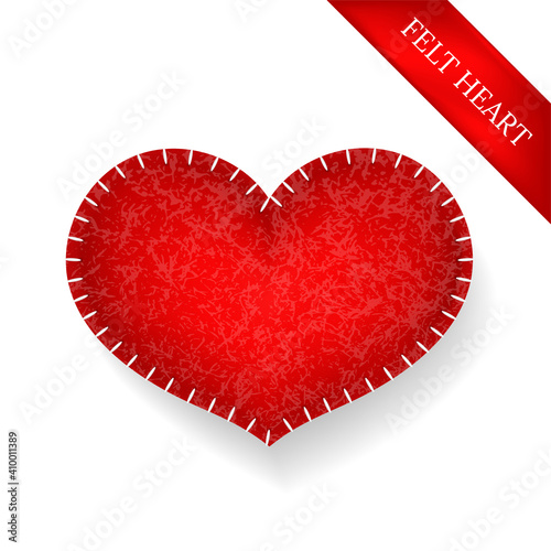 Happy Valentine's day concept template. Decorative 3d realistic red felt heart on white background. Design element for banner, poster, flyer, placard, greeting card. Vector illustration.