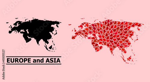 Love collage and solid map of Europe and Asia on a pink background. Collage map of Europe and Asia created with red lovely hearts. Vector flat illustration for dating concept illustrations.