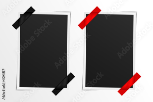 Set of vintage photo frame with black empty place and white border. Realistic 3d photo mockup. Collection retro photography frame template with adhesive black and red washi tape. Vector illustration