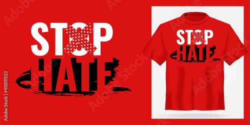 T-shirt mock up with motivation print. 3d realistic shirt template. Red tee mockup, front view design, Stop hate slogan. Vector illustration