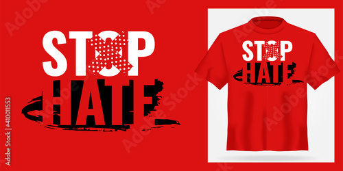 T-shirt mock up with motivation print. 3d realistic shirt template. Red tee mockup, front view design, Stop hate slogan. Vector illustration photo