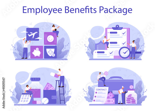 Employee benefits package concept set. Compensation supplementing