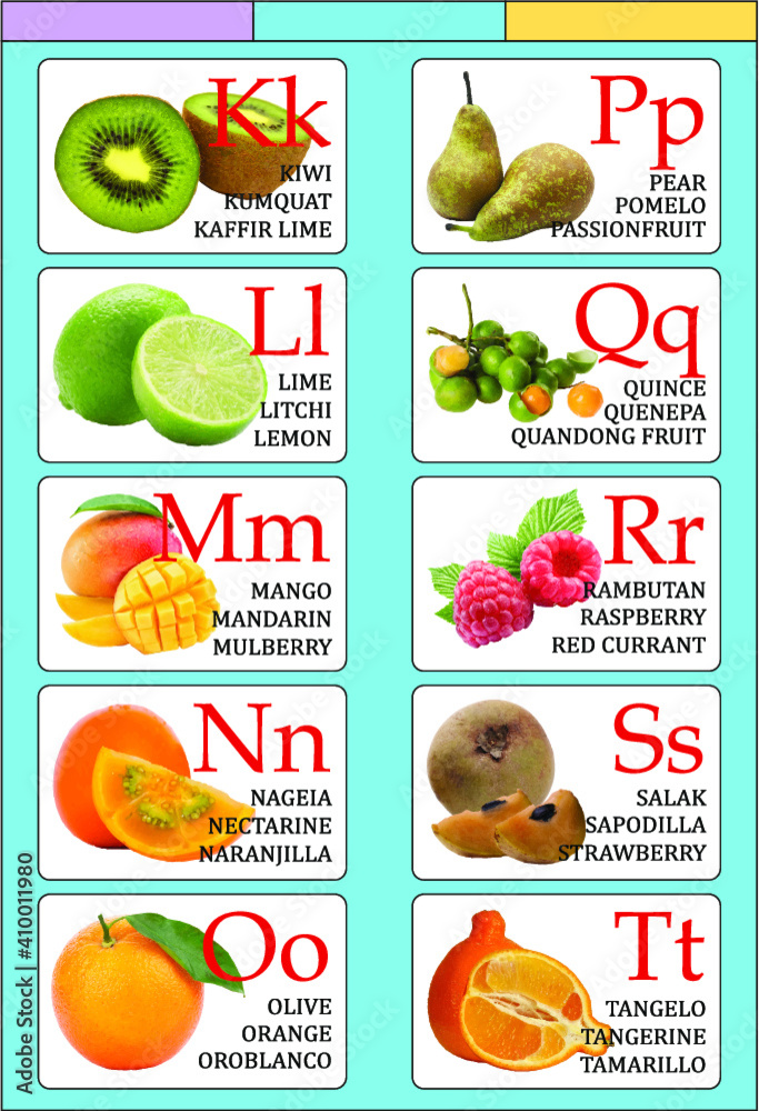  Fruit & Berry alphabet (part 2.2). Multiple fruits for one letter. Education's cards. Only vectors.