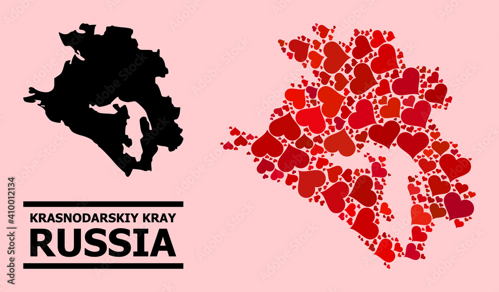 Love collage and solid map of Krasnodarskiy Kray on a pink background. Collage map of Krasnodarskiy Kray is composed with red love hearts. Vector flat illustration for dating abstract illustrations.