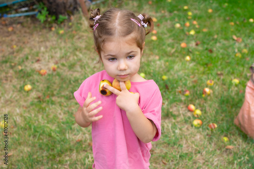 Portrait of cute toddler in home garden. Baby girl picks apples in backyard. Child on a farm in countryside. Little kid playing in apple tree orchard. Outdoor fun for children. Healthy nutrition.