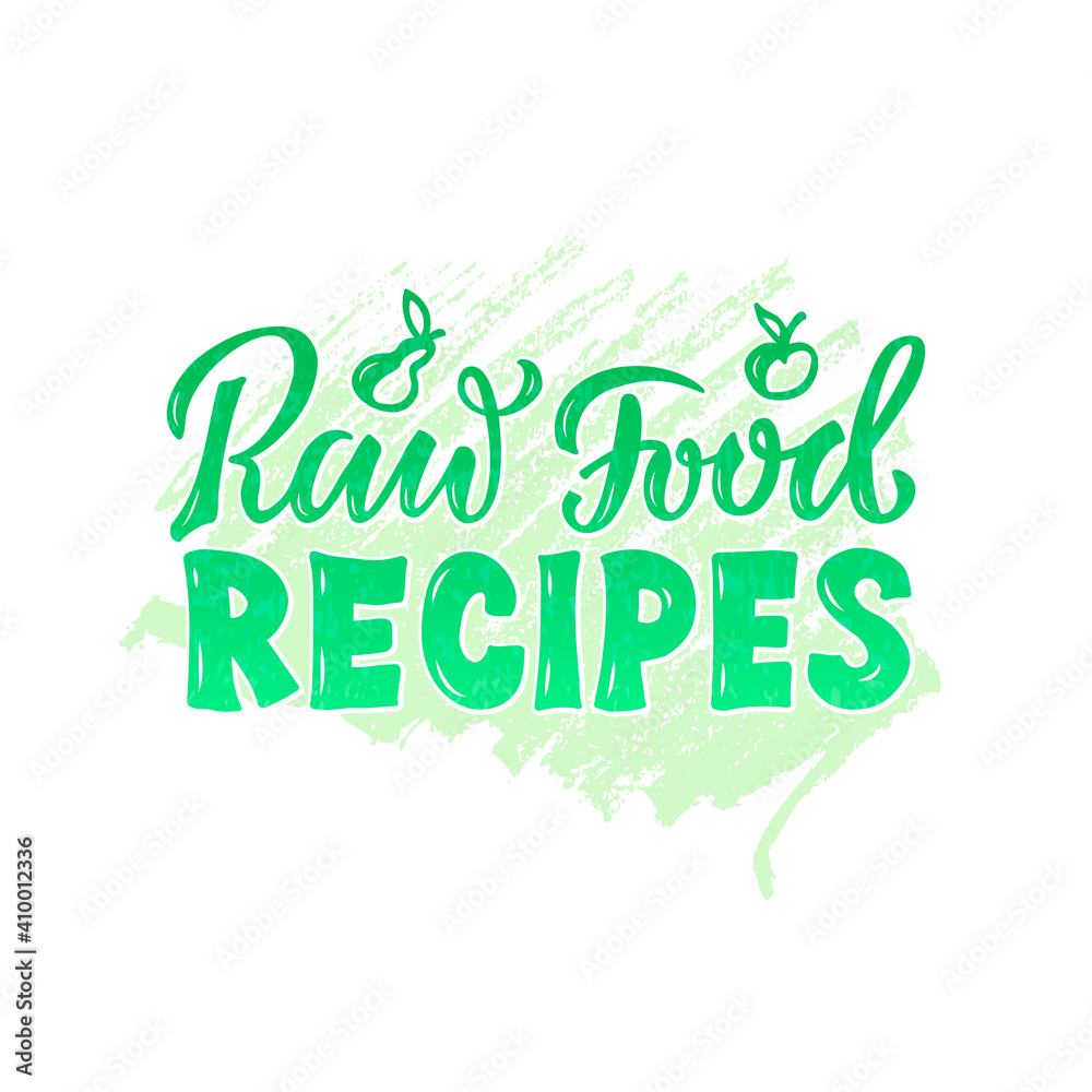 Vector illustration of raw food recipes lettering for banner, poster, signage, sticker, healthy food guide, package, product design. Handwritten decorative text for web or print
