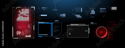 Head up screens for video games, apps, movie. Sky-fi holograms, warning in the form of holograms - attention, danger, countdown.  Sci Fi HUD modern futuristic user interface square Frames