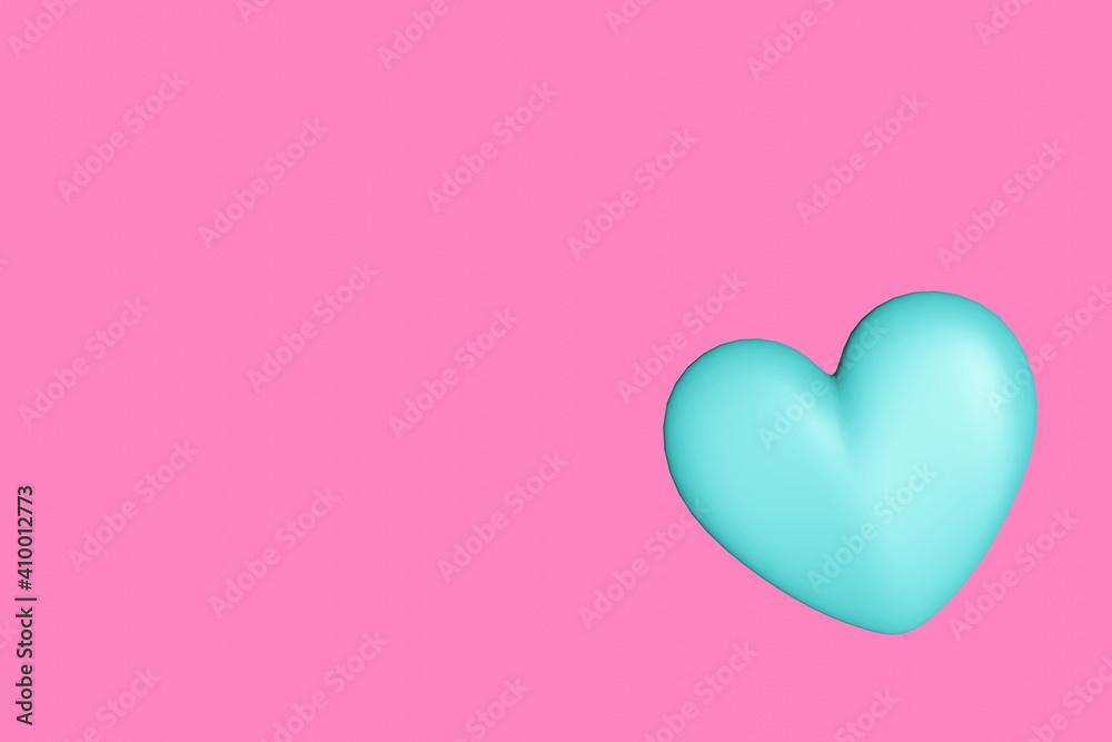 Blue volumetric heart on pink background. 3d rendered illustration. Copy space