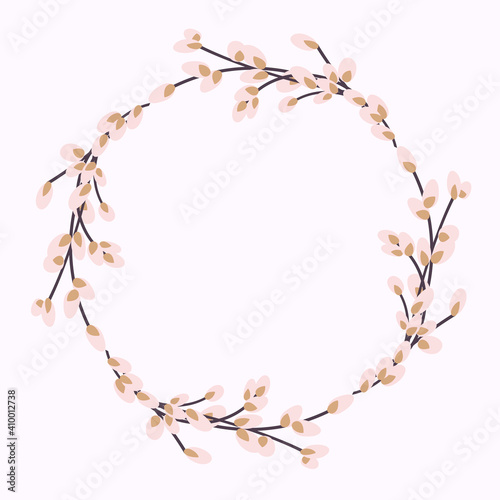 Willow wreath. Round frame made of willow twigs.Easter wreath made of willow stalks.Design for postcards, printing.