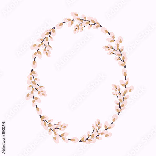 Willow wreath. Oval frame made of willow twigs. Easter wreath made of willow stalks.Vector flat illustration. Design for invitations, postcards, printing.