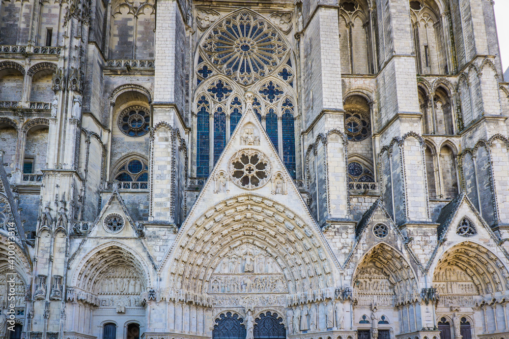 the beautiful carved facade of the Cathedral of Bourges (Berry, France), a gothic wonder listed as a UNESCO World Heritage site