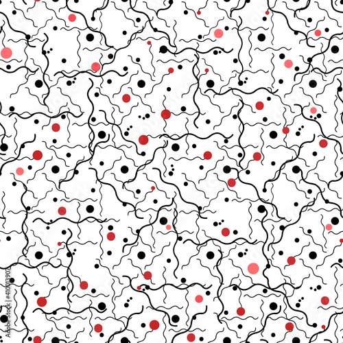 Seamless geometric background. Red, black, pink spheres, specks, intertwined wavy lines on a white backdrop. For textiles, decor, packaging, wallpaper, fabrics, t-shirts, scarves, interior design