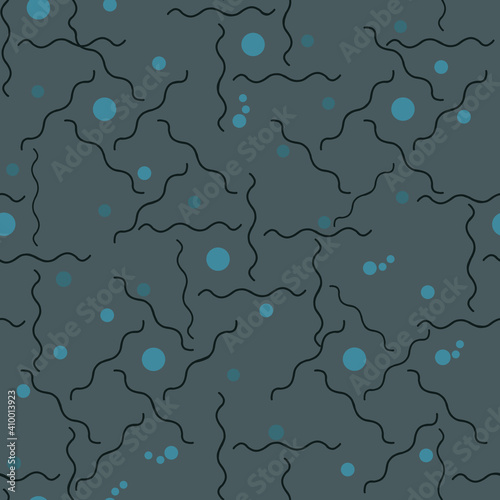Seamless geometric abstract background in blue and gray tones with cyan spots and curved black lines. Stylish design for scarves, fabric, packaging, home textiles, underwear, men's accessories, decor
