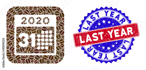 Vector mosaic last 2020 day and grunge bicolor Last Year seal stamp. Mosaic last 2020 day designed as stencil from rounded square with coffee beans.