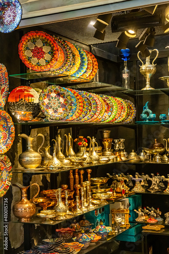 Arab souvenir shop with colored dishes