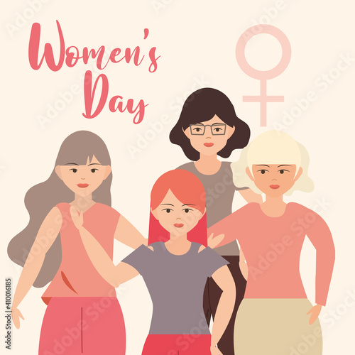 womens day, female standing together characters