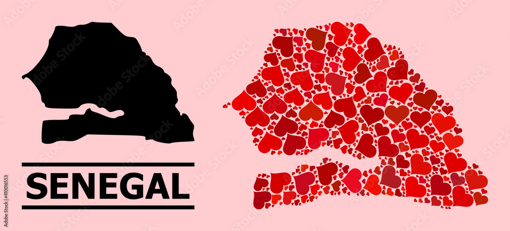 Love mosaic and solid map of Senegal on a pink background. Mosaic map of Senegal is created with red love hearts. Vector flat illustration for love conceptual illustrations.
