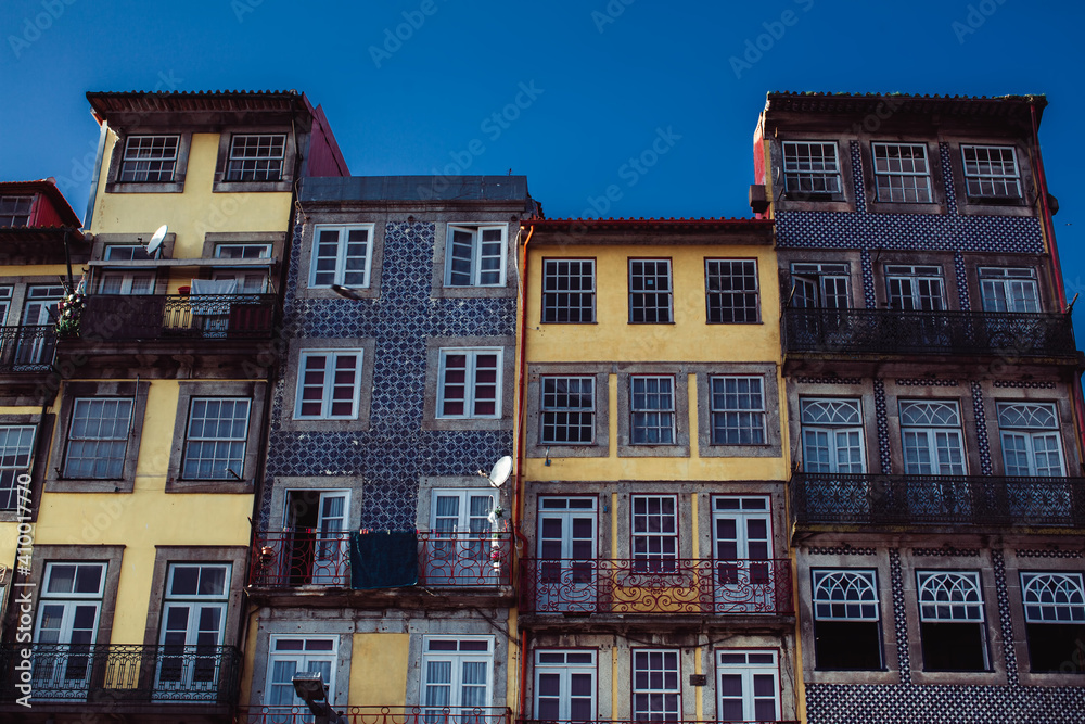 Facades of buildings in the historical center of Porto, Portugal.