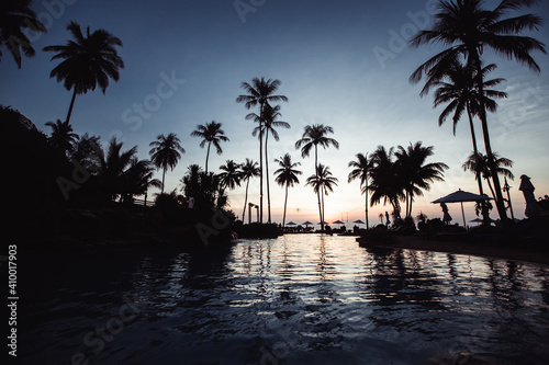 Tropical beach with palm trees silhouettes during the awesome sunset.