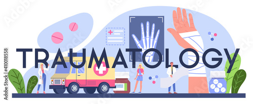 Traumatology typographic header. Injured limb, broken bone or sprain.