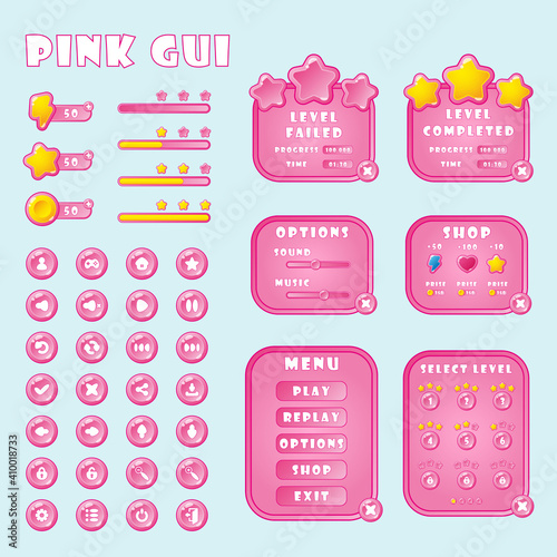 Graphical interface elements for game design in pink. Includes buttons with icons, progress bar, store, and main menu windows.