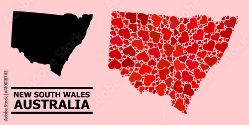 Love mosaic and solid map of New South Wales on a pink background. Mosaic map of New South Wales created from red lovely hearts. Vector flat illustration for love abstract illustrations.