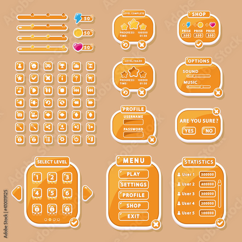 Interface elements for game and app design: buttons, menu Windows, and settings (GUI, UI).