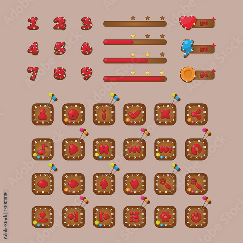 GUI elements for game design in the style of voodoo. Includes buttons with icons, numbers, progress bar and adding bonuses.