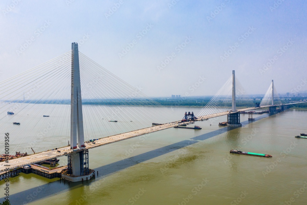 Fototapeta premium Aerial view of fifth Yangtze river bridge which is under construction in Nanjing City