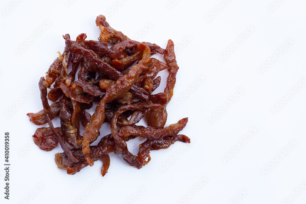Deep fried sun-dried pork on white
