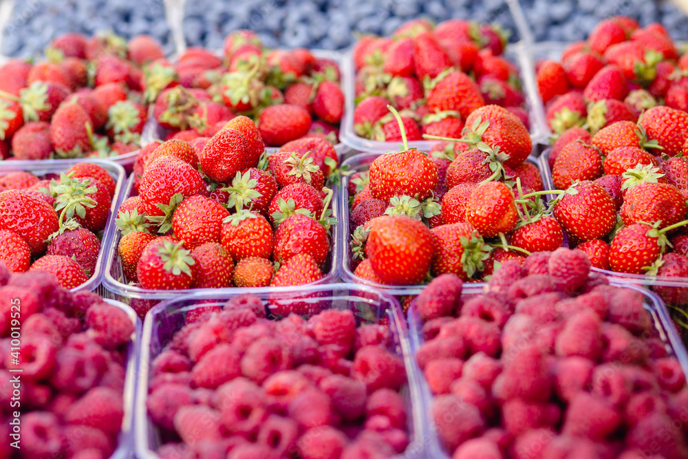Trays of fresh berries on display at a local market. Trays of fresh berries on display at a local market.