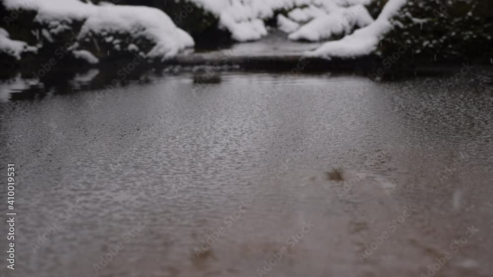 rain as snowflakes on the river