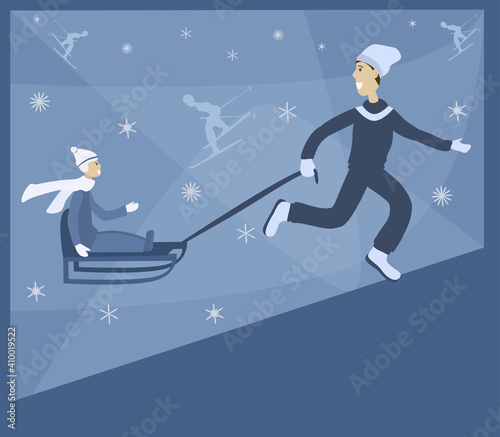 Family activity in winter time. Father and son having fun on a sleigh ride. Winter holidays concept. Monochrome vector illustration for flyer or poster design © Nonna